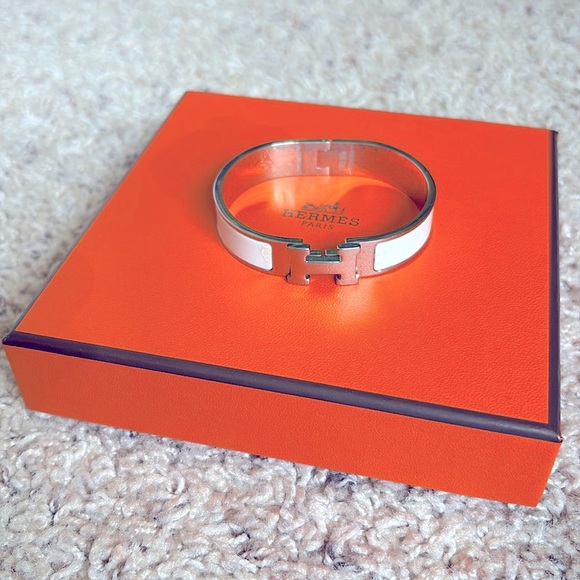 HERMES Clic Clac H White & silver Narrow Enamel Bracelet size Large + Box Ribbon - Picture 1 of 13
